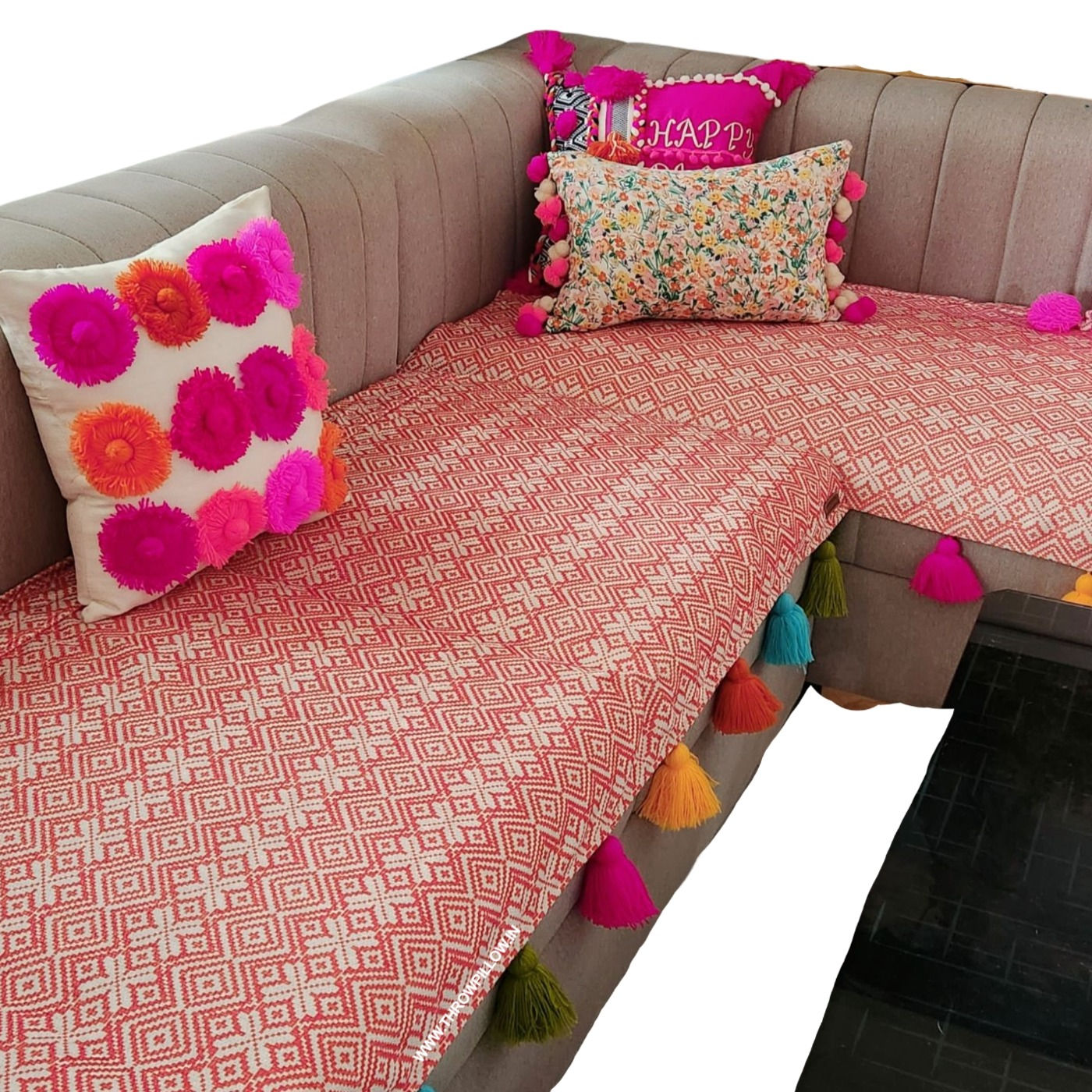 Premium Orange Aztec Pattern with Tassels Sectional L Shape Sofa Cover