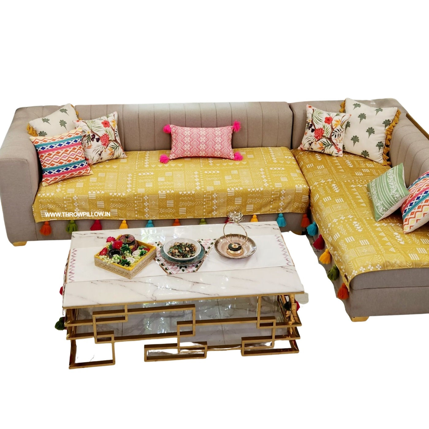 Mustard Gold Tribal with Multicolor Tassels Sectional L Shape Sofa Cover