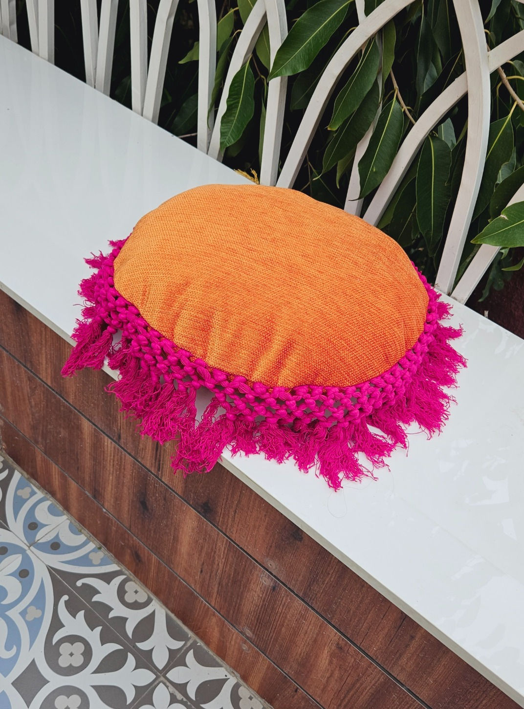 Vibrant Love: Stylish Hot Pink Cushion Cover with Fringe Lace