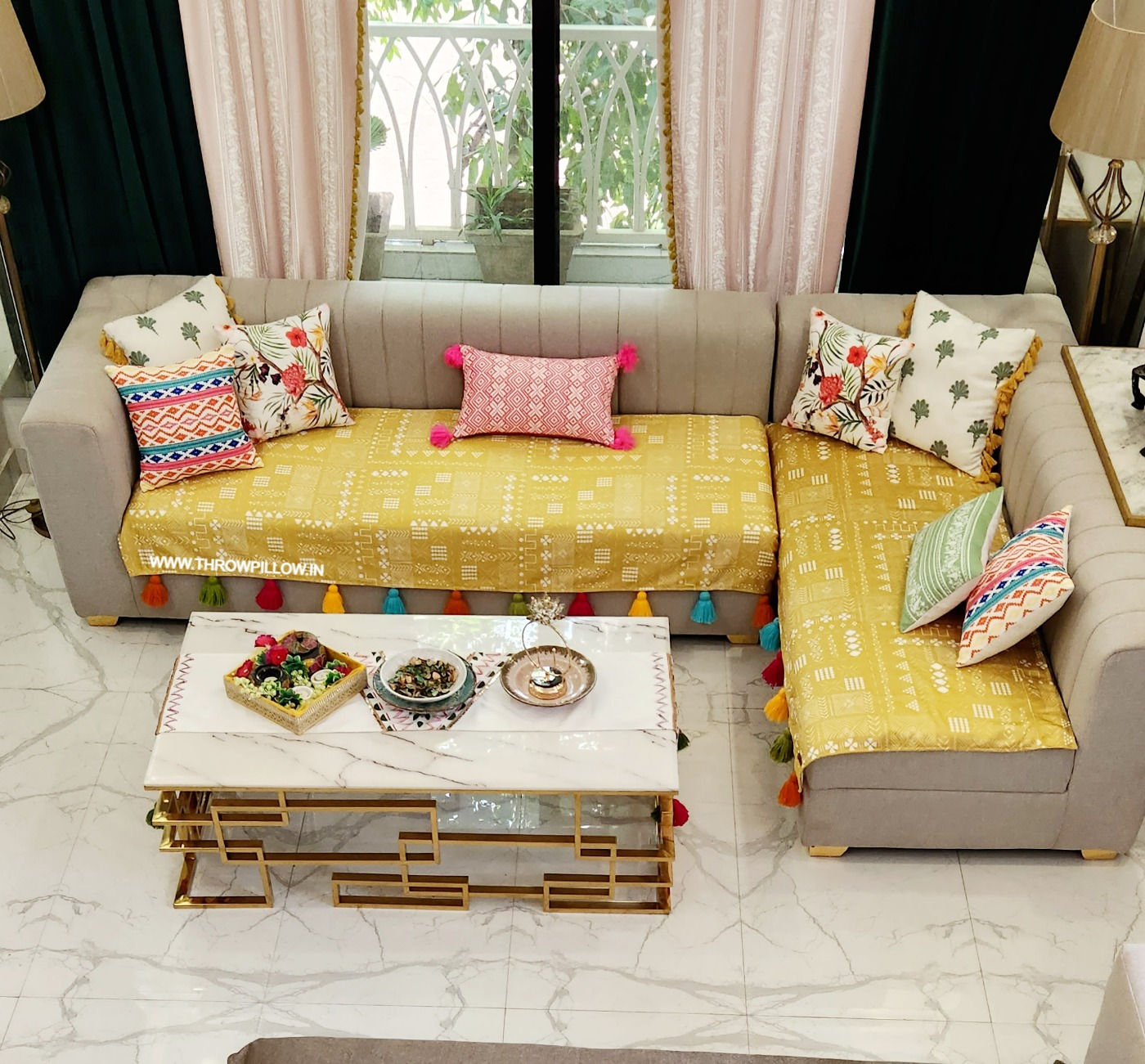 Mustard Gold Tribal with Multicolor Tassels Sectional L Shape Sofa Cover
