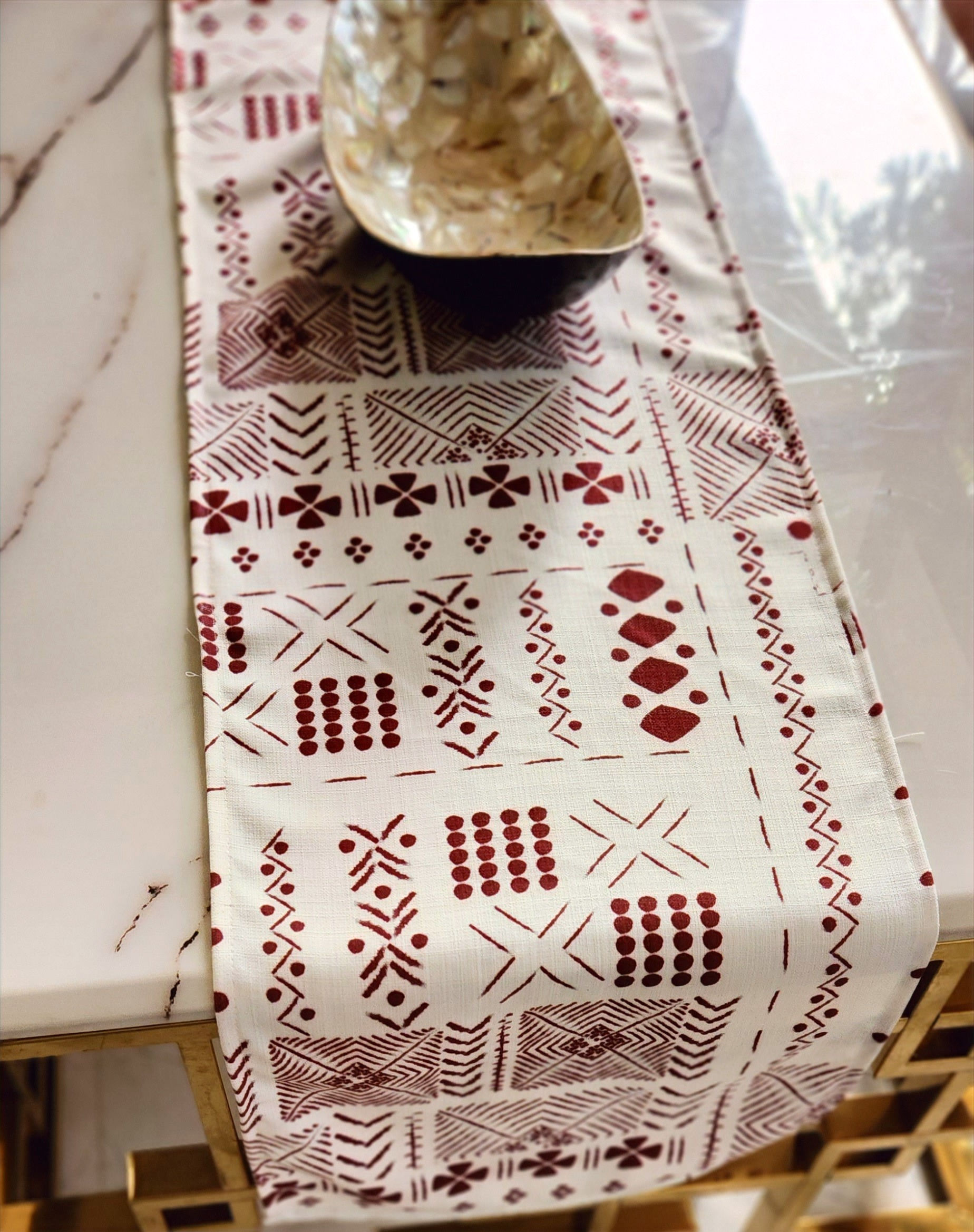 Eye-Catching Off White and Maroon Table Runner for Dining Room