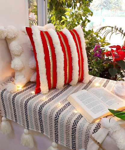 Luxury Handcrafted Red and White Cushion Cover for Sofa