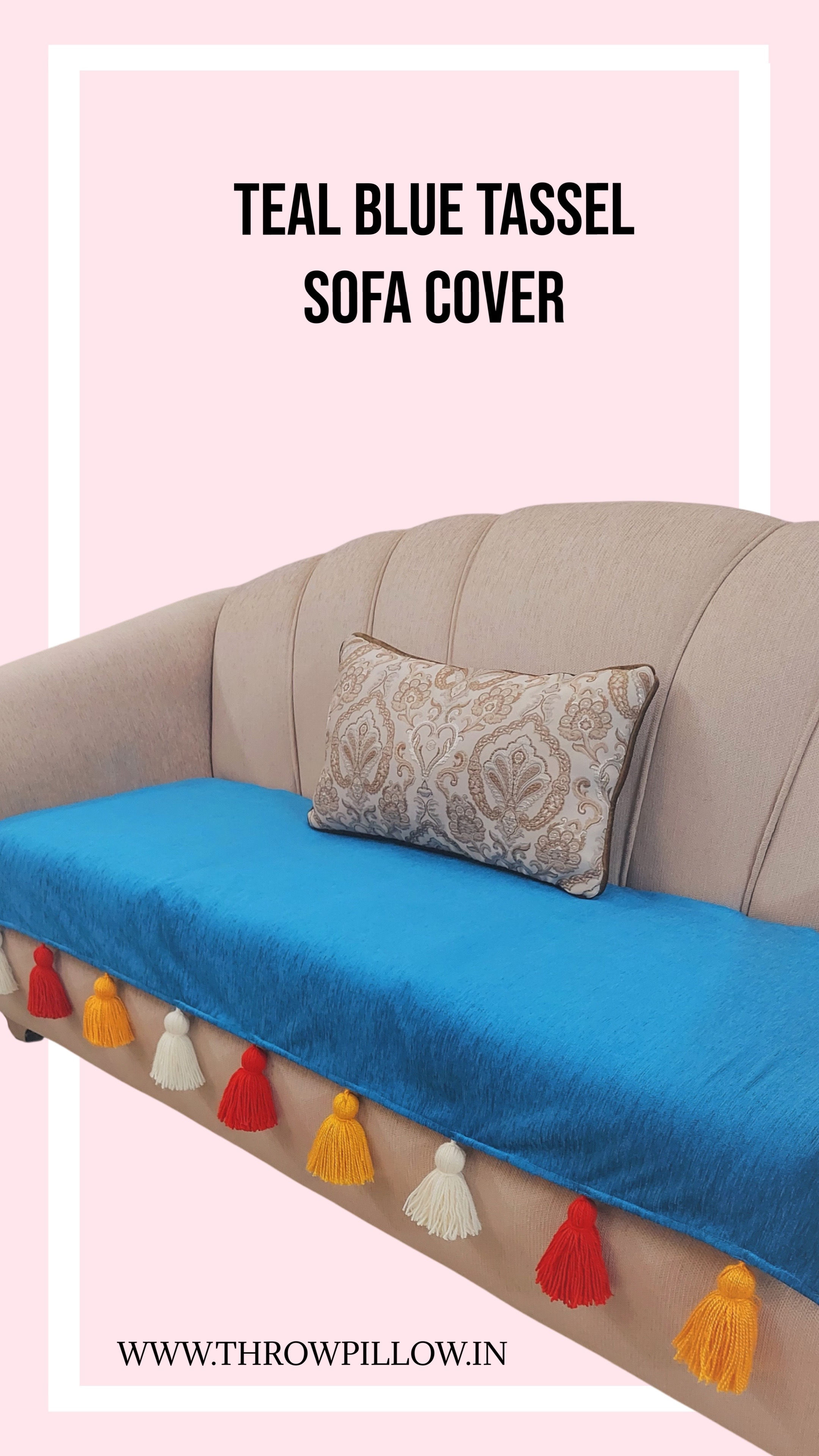 Premium Teal Blue With Orange and Yellow Tassels Sofa Cover