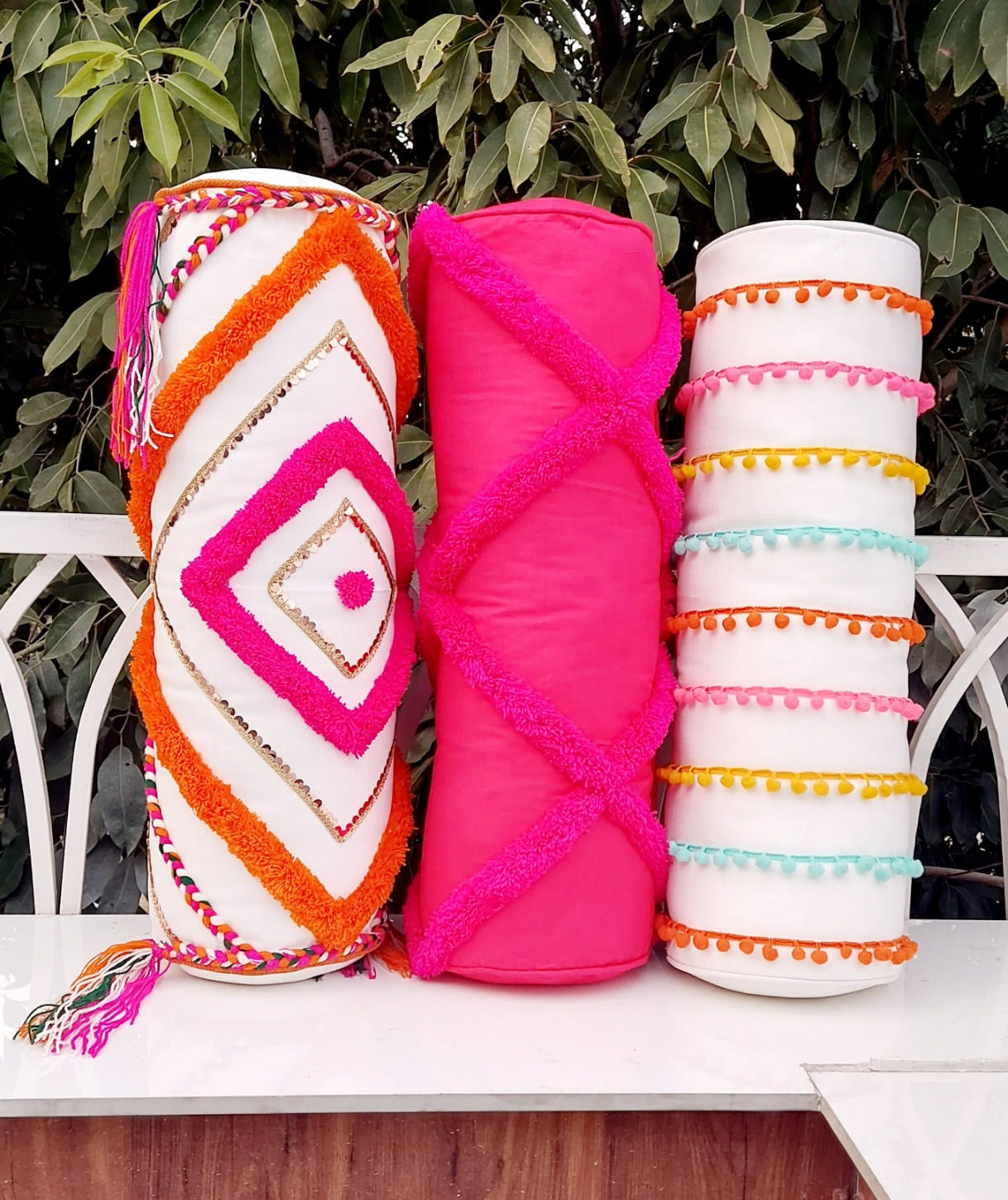 Diamond tufted cushion cover with gold sequin and braided lace