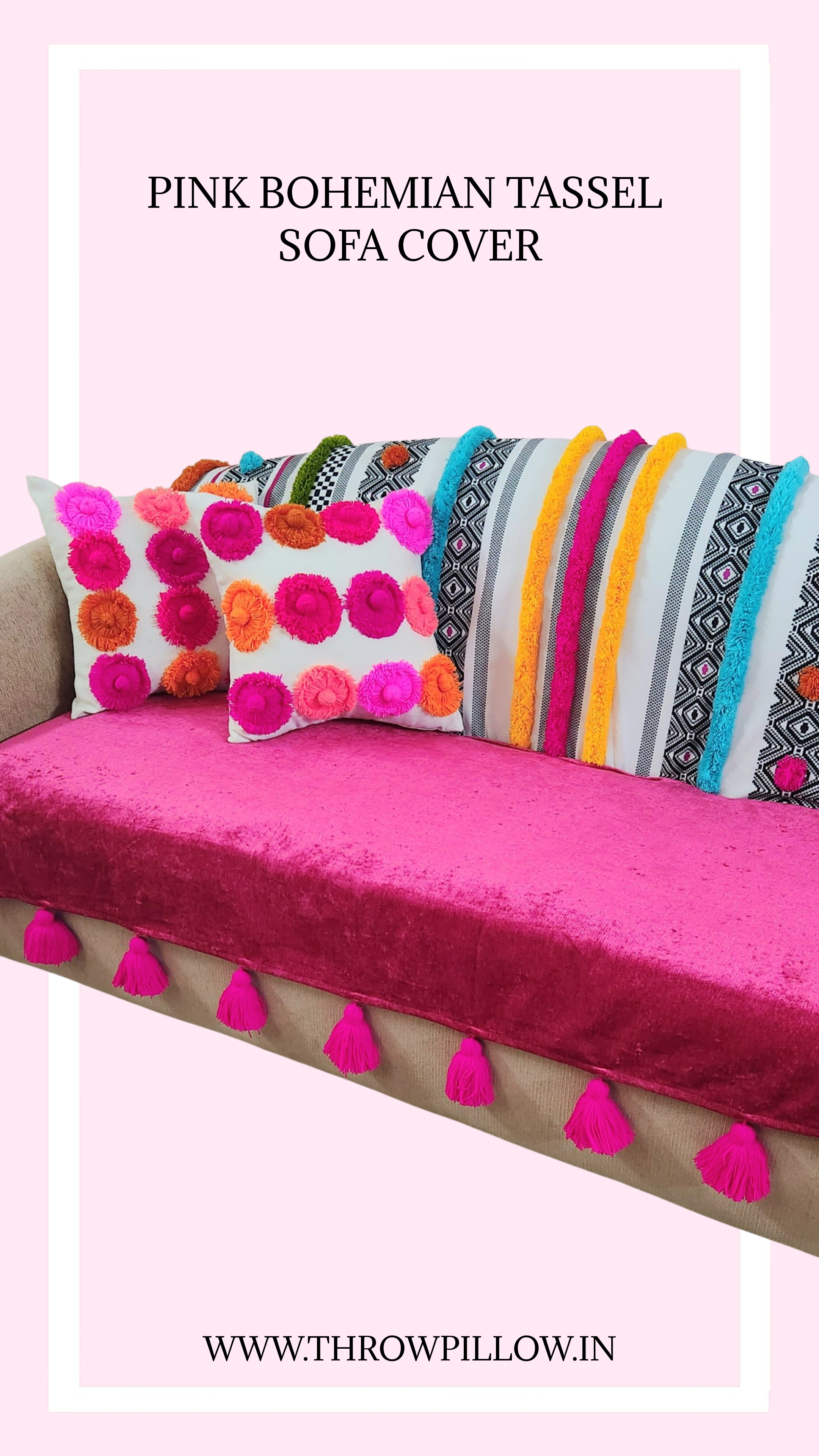 Pink Bohemian With Pink Tassels Sofa Cover