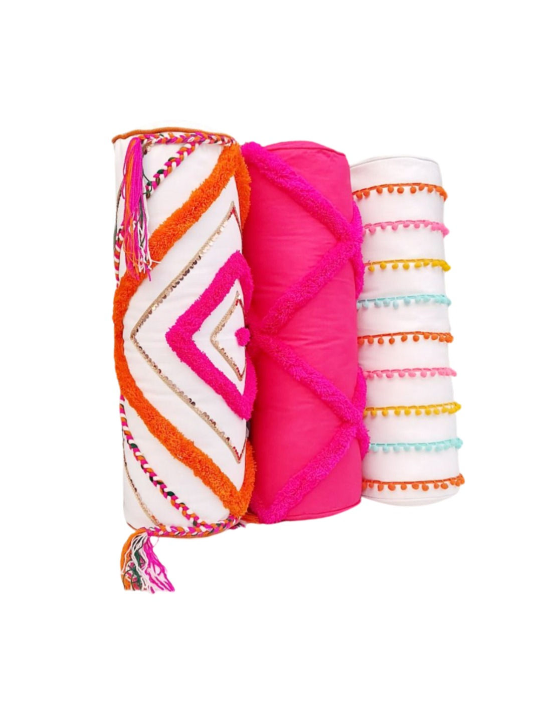 White cushion cover with handmade multicolor braided lace and gold sequin