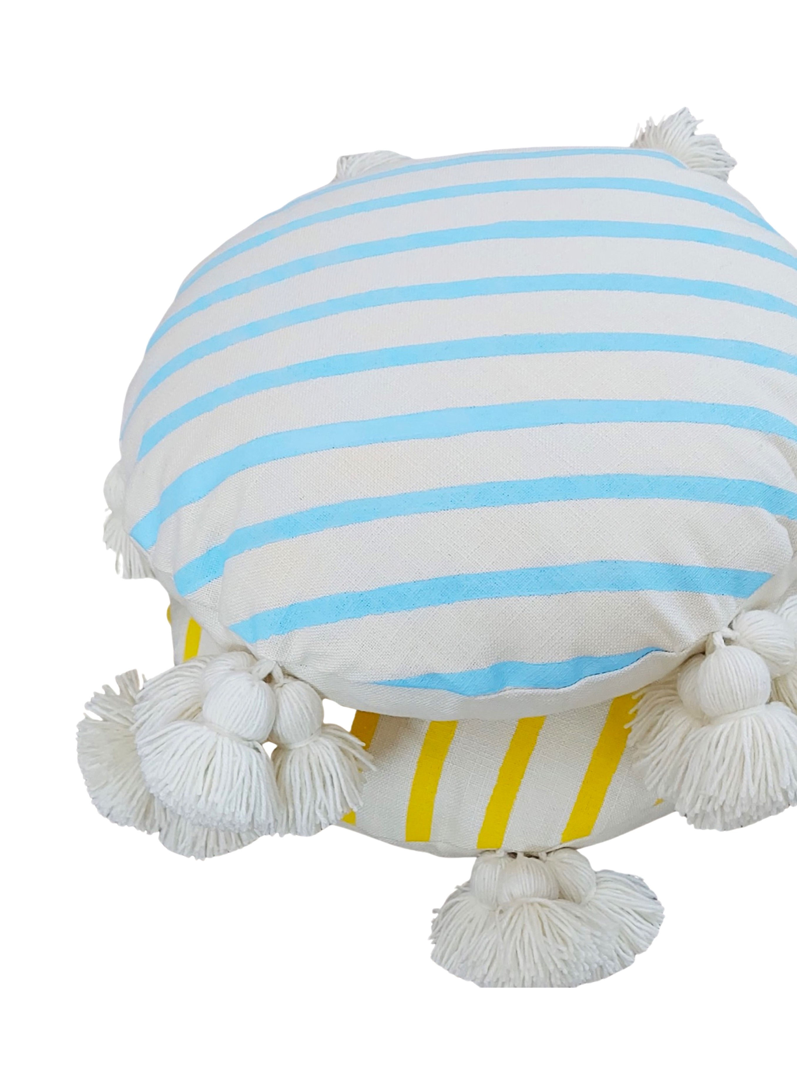 Blue and white striped round pillowcase with tassels