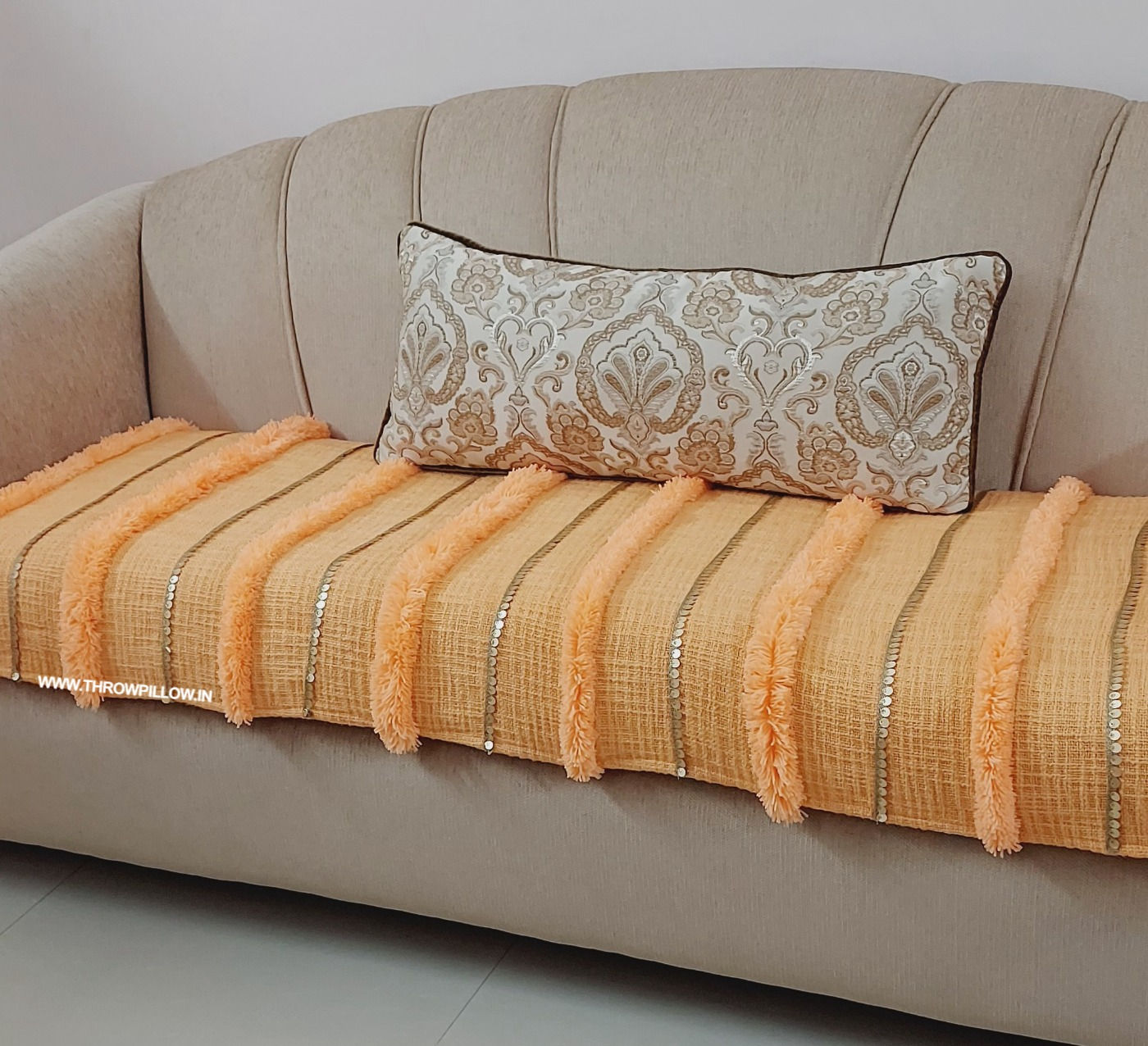 "L Shape Sofa Slipcover - Peach Tufted Moroccan With Gold Embroidery for Corner Sofas"