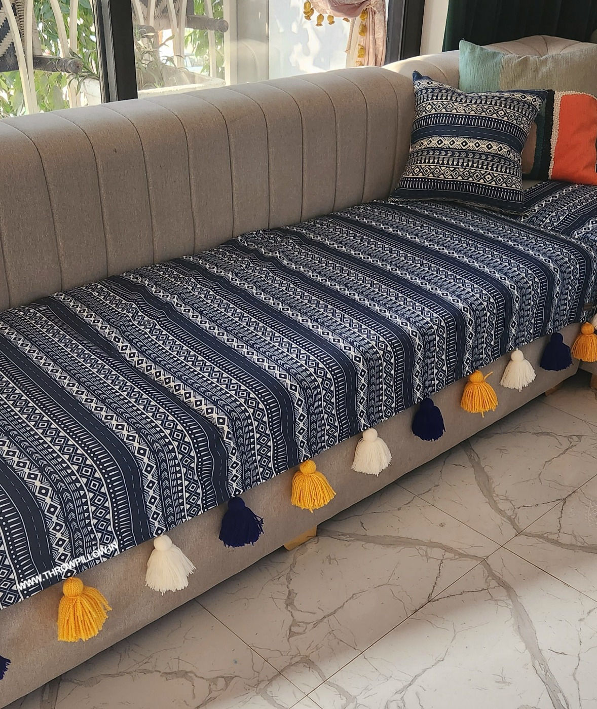 Blue Tribal with White, Yellow & Blue Tassels Sectional L Shape Sofa Cover