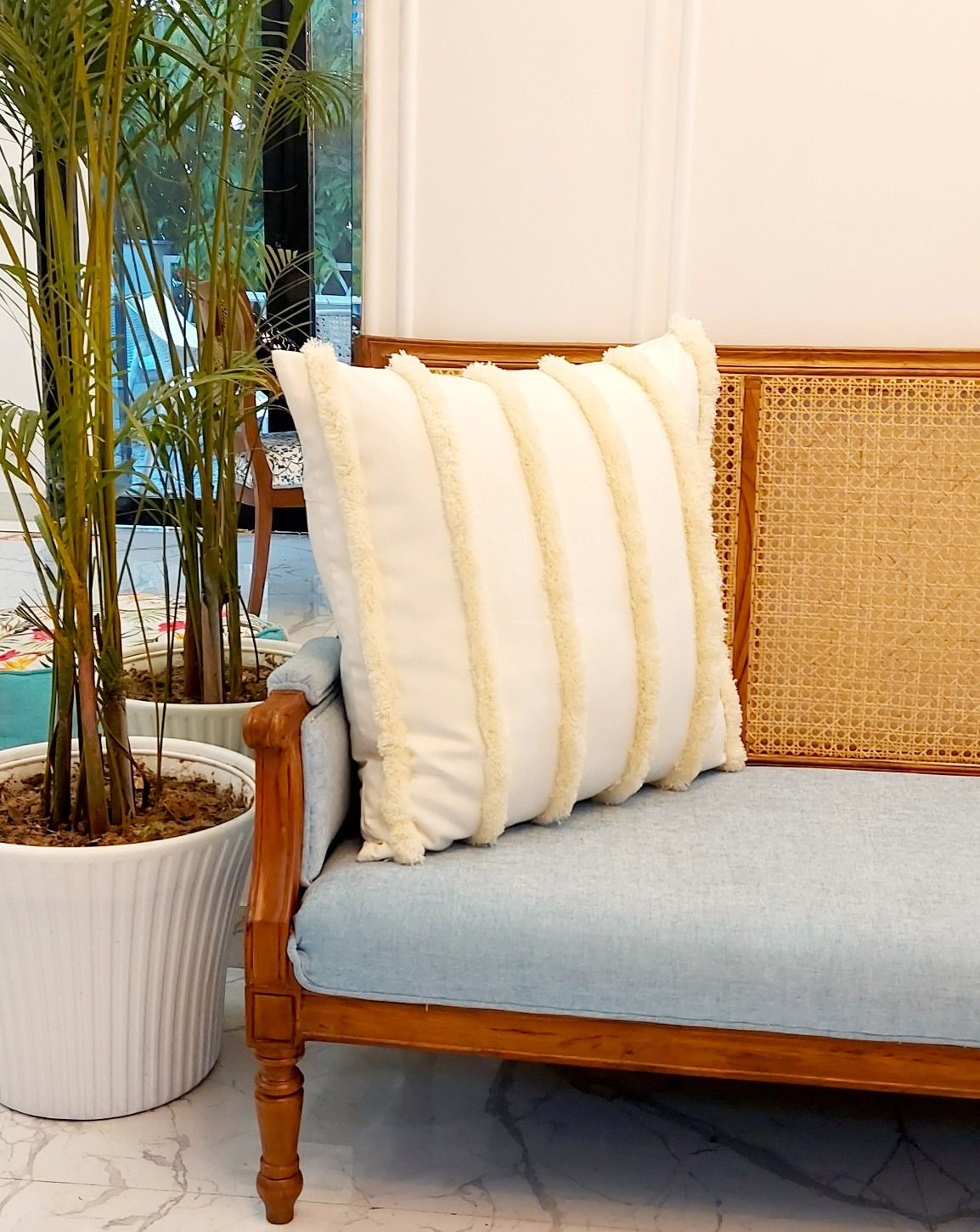 Hand-crafted cushion cover with antique gold thread fringe detail