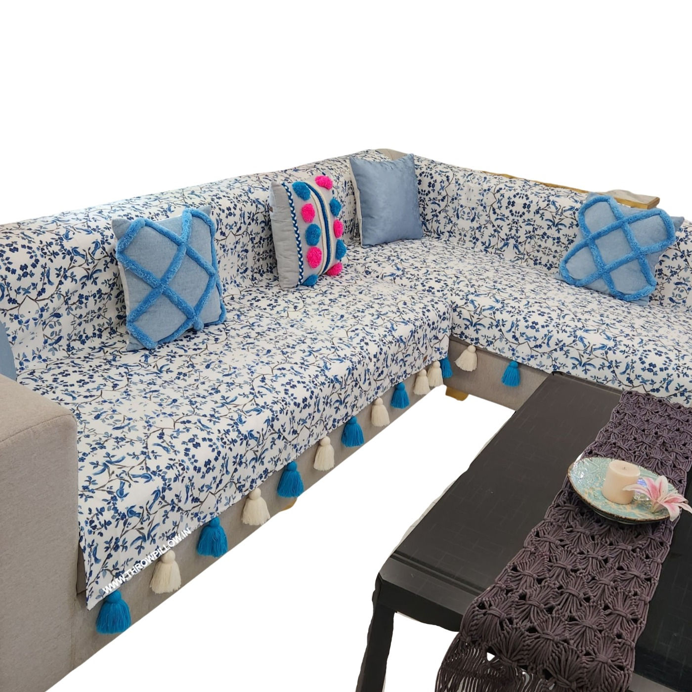 Chinnoisere Blue Bird Printed with Tassels Sectional L Shape Sofa Cover