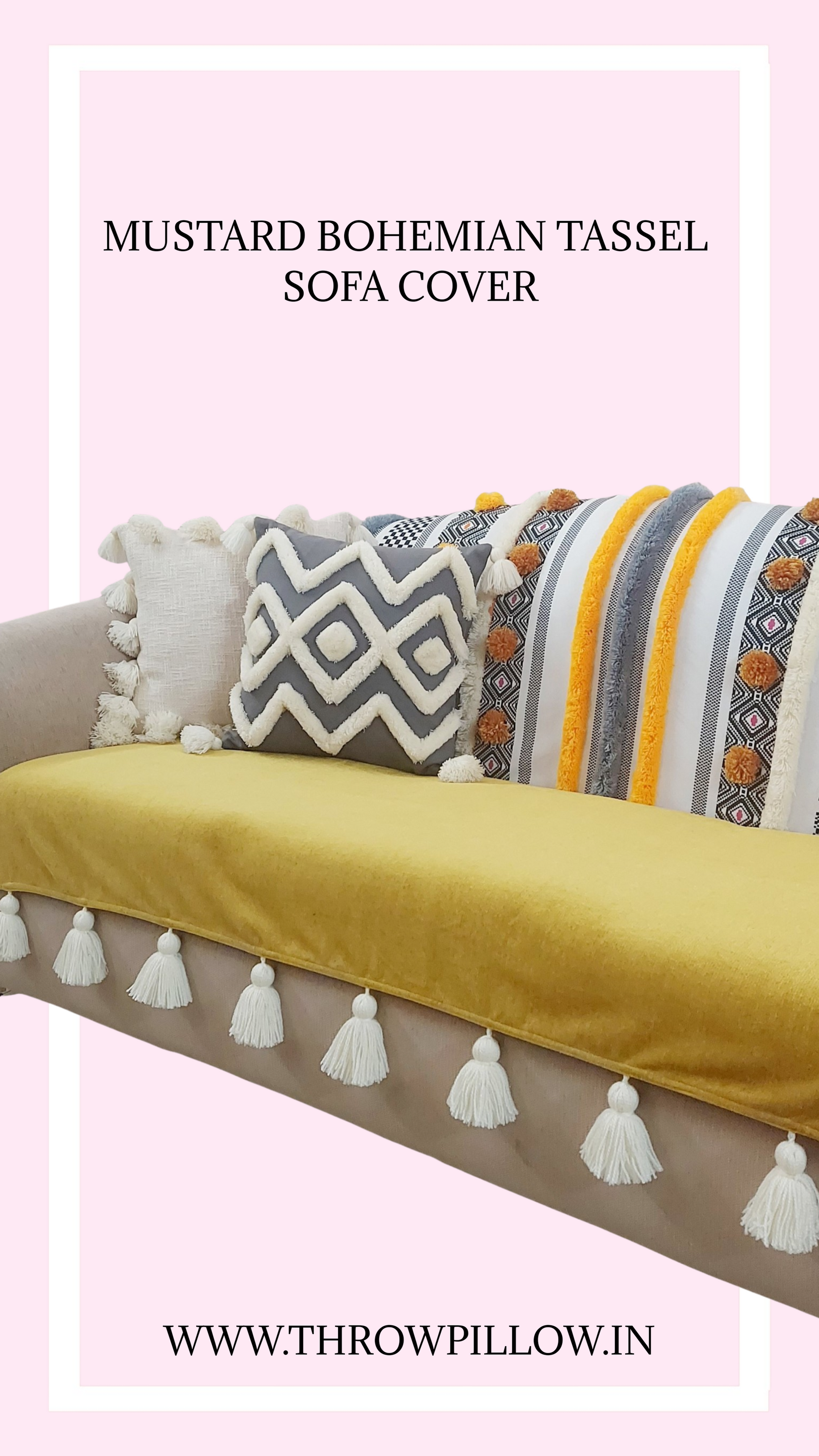 Mustard Bohemian With White Tassels Corner L Shape Sofa Cover