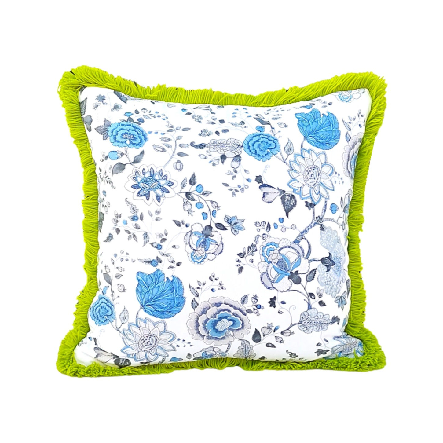 Blue floral print cushion cover with lush green fringe and closure zipper