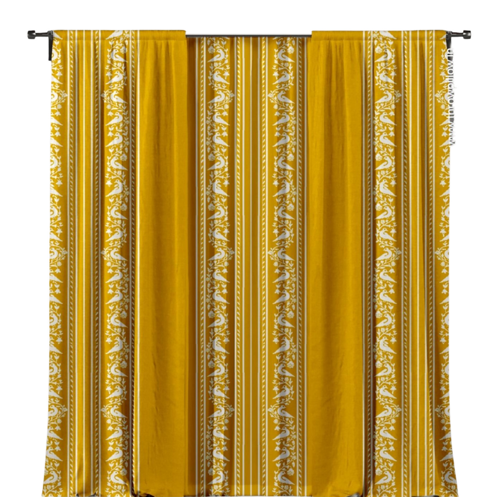 Mustard yellow bird printed curtain with double side tassels