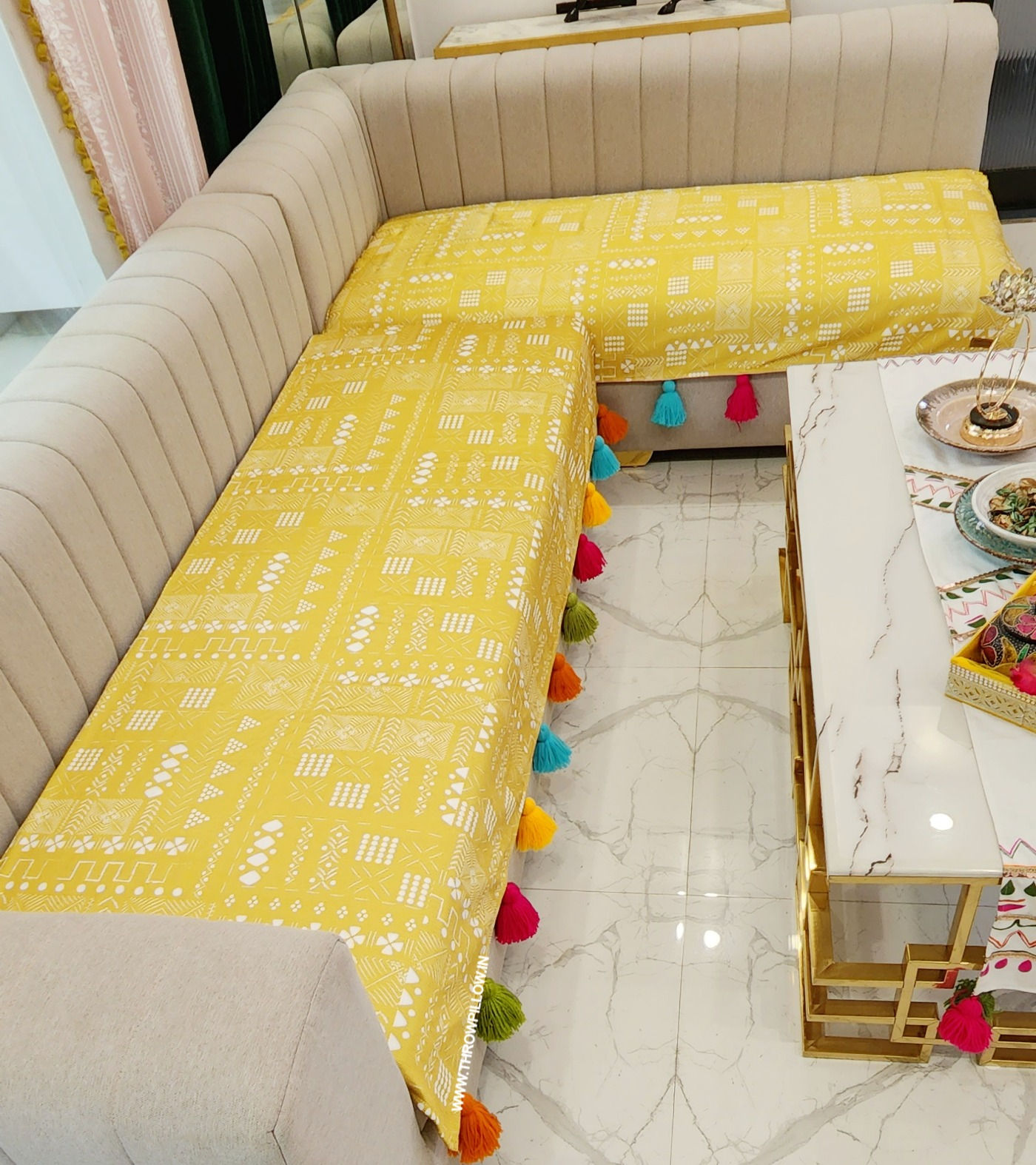 Mustard Gold Tribal with Multicolor Tassels Sectional L Shape Sofa Cover