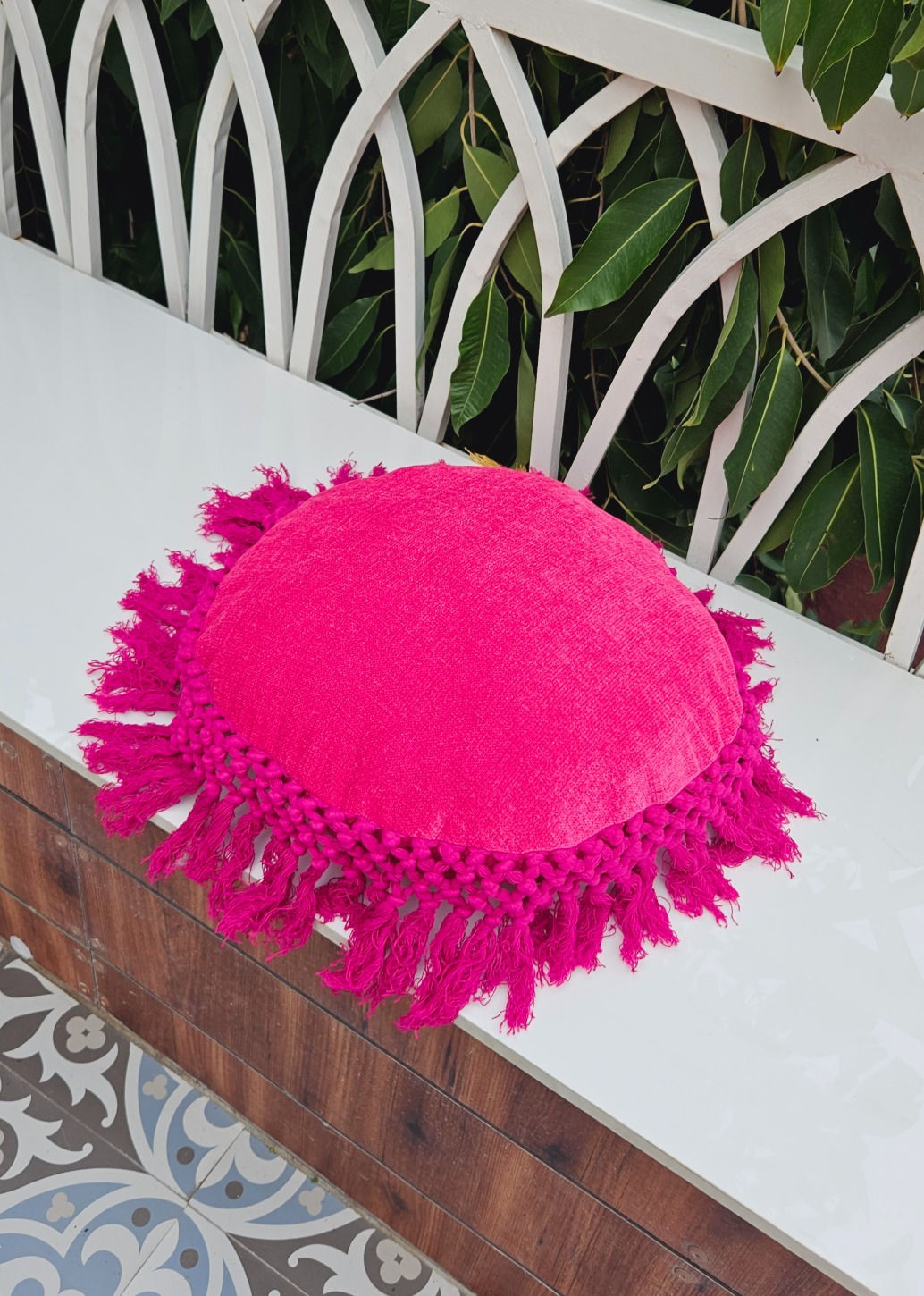 Vibrant Love: Stylish Hot Pink Cushion Cover with Fringe Lace