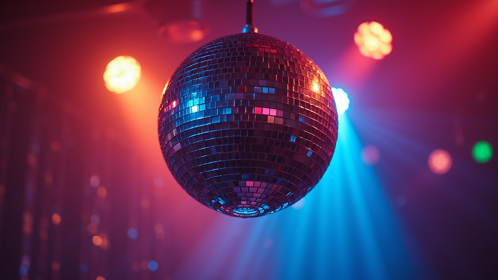 Eye-level view of a disco ball hanging from the ceiling with colourful lights