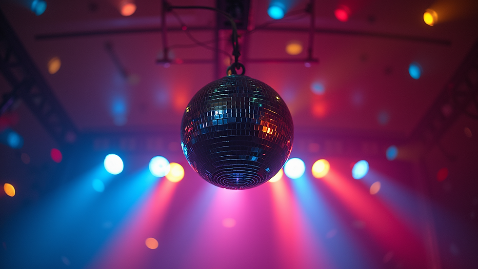 Eye-level view of a disco ball hanging from the ceiling with colourful lights