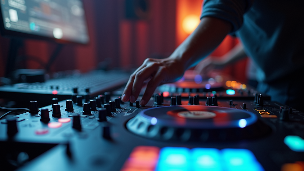 Close-up view of DJ mixing music on a professional soundboard