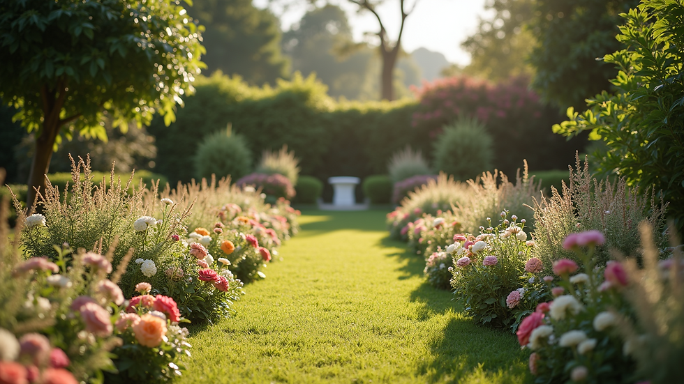 Wide angle view of a beautifully arranged garden wedding setup