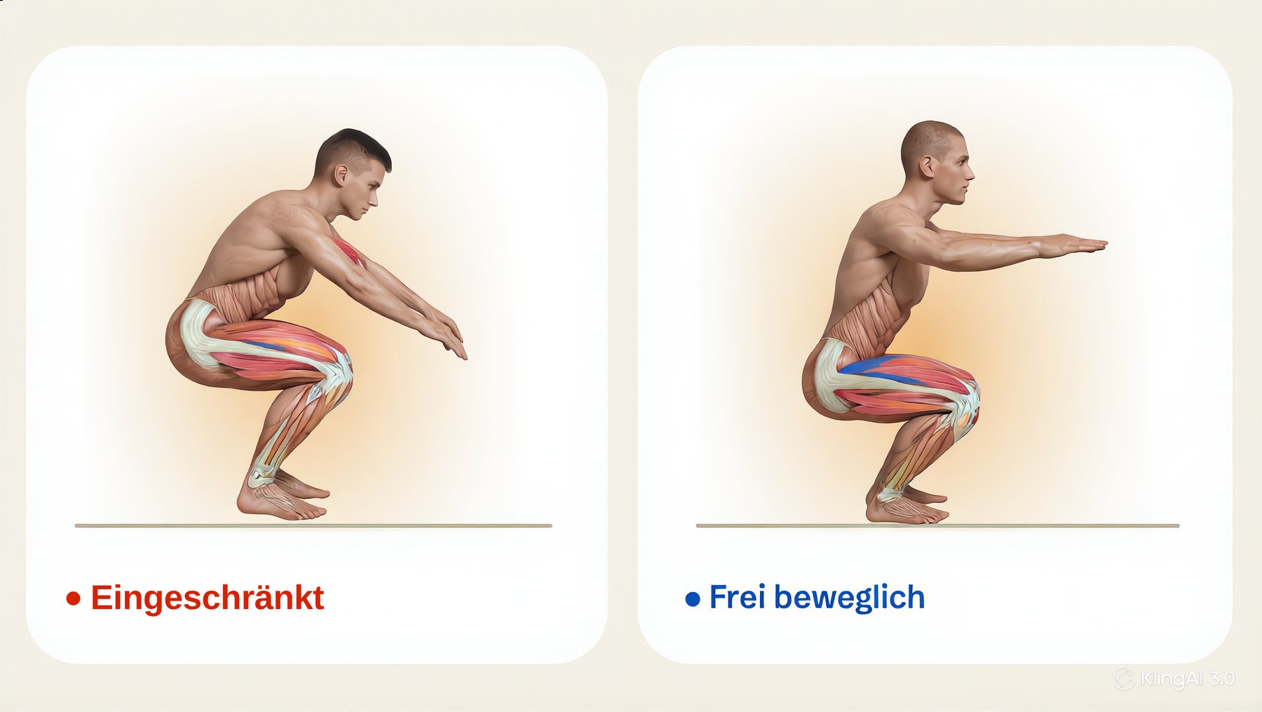 Vergleich tiefe Hocke: links eingeschränkte Beweglichkeit durch verkürzte Muskulatur, rechts frei beweglich