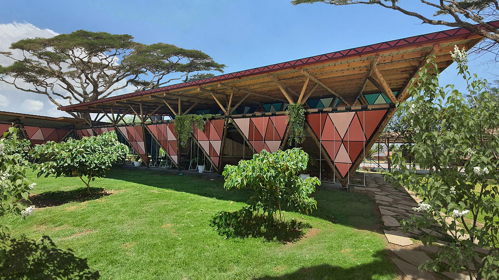 Eye-level view of a Tanzanian home with a sloped roof and rainwater gutters