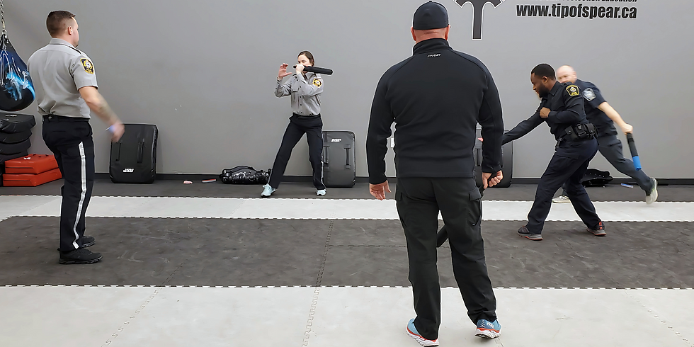 Police training session in a gym. Officers practice defense techniques with batons. Instructor observes. Website URL on the wall.