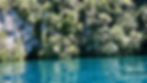 Clear turquoise water reflects lush green forest on rocky cliffs under bright sunlight, creating a serene and vibrant natural scene.