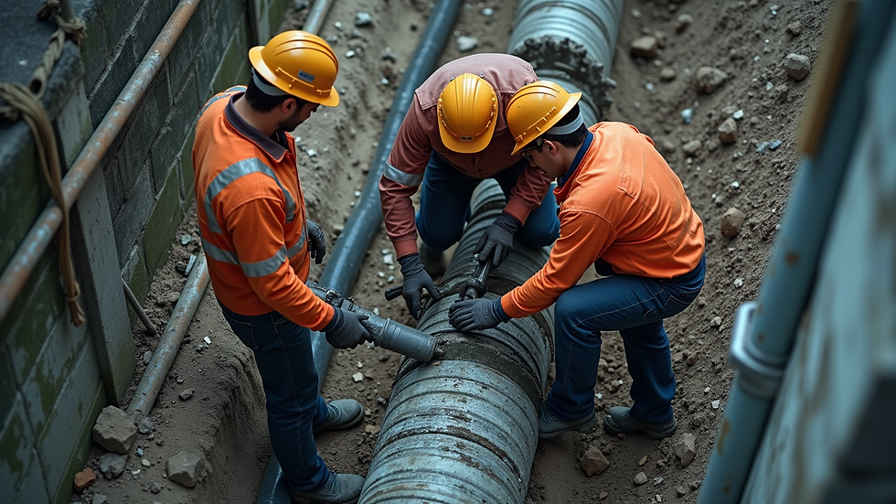 High angle view of a plumbing team working on a commercial sewer line