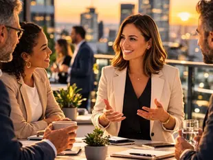 Executivos discutem projetos em uma reunião ao ar livre ao pôr do sol, com a cidade ao fundo.