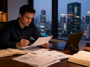 Homem concentrado analisa documentos à mesa com laptop e livros, em escritório à noite, com skyline iluminado ao fundo.