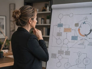 Profissional analisa um diagrama complexo em um escritório moderno, planejando estratégias de negócios.