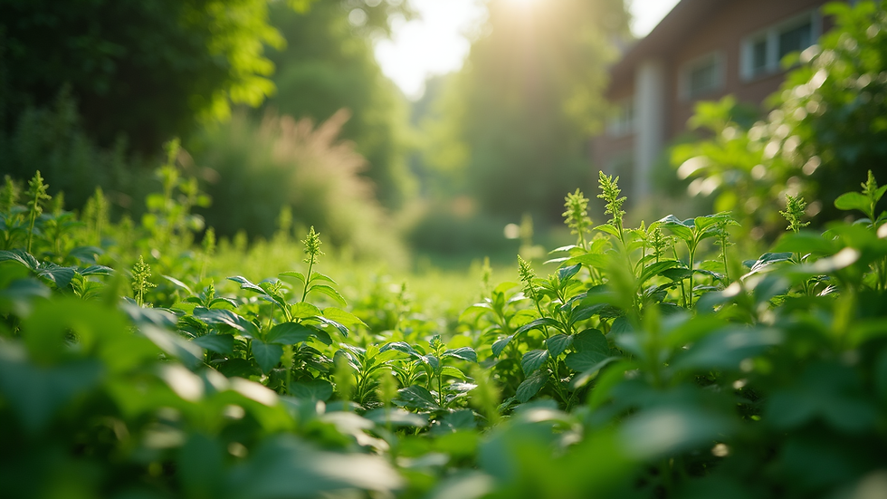 Eye-level view of a lush green garden with diverse plants