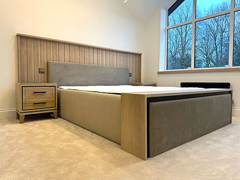 Luxury bespoke bed with handcrafted oak bedside cabinets, combining timeless elegance with durable, high-quality craftsmanship