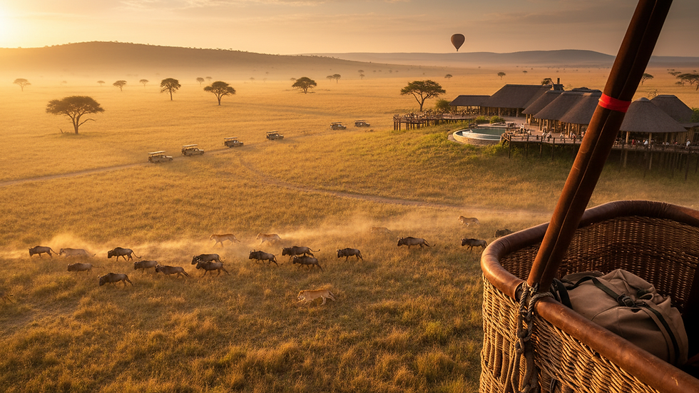 Eye-level view of a hot air balloon basket floating over a golden savannah at sunrise