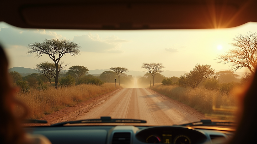 Eye-level view of a rental car parked near a Kenyan national park entrance