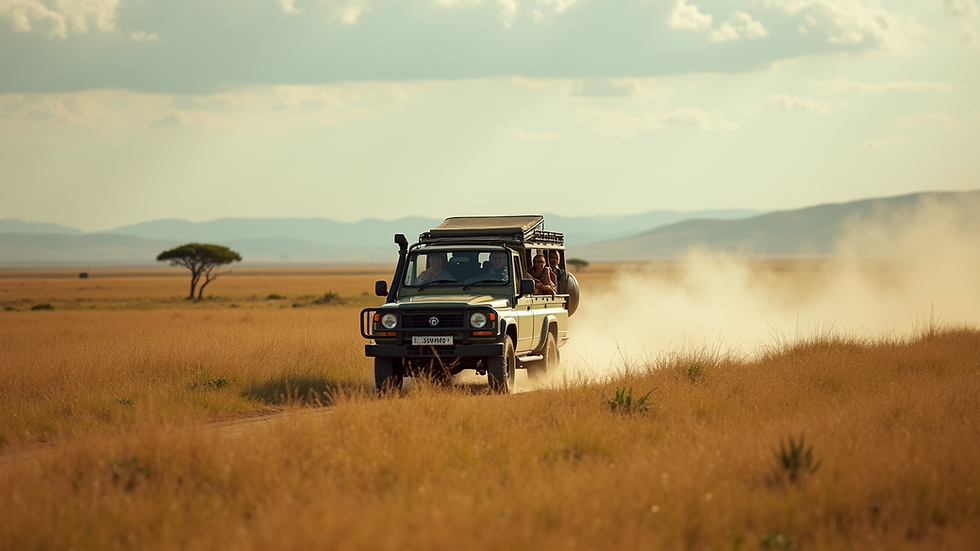 Wide angle view of a safari jeep driving through the African plains