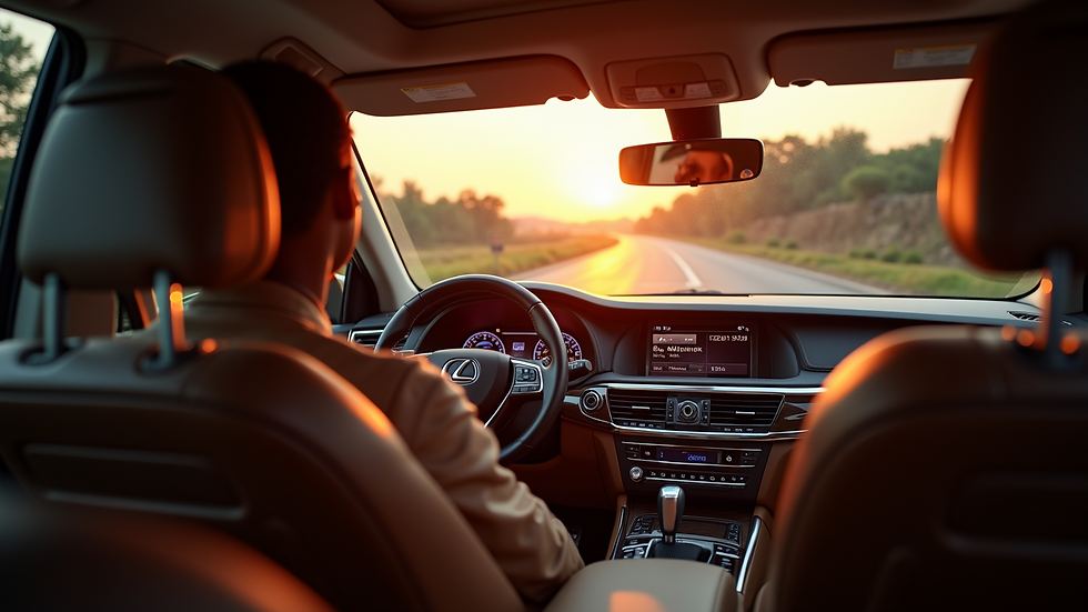 Close-up view of a luxury car interior showing leather seats and ambient lighting