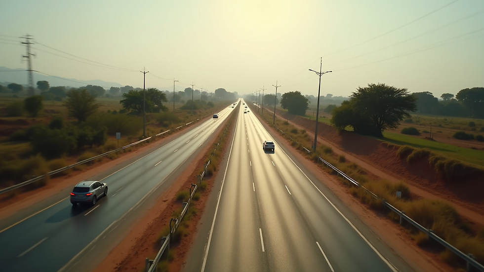 High angle view of a paved Kenyan highway with sparse traffic