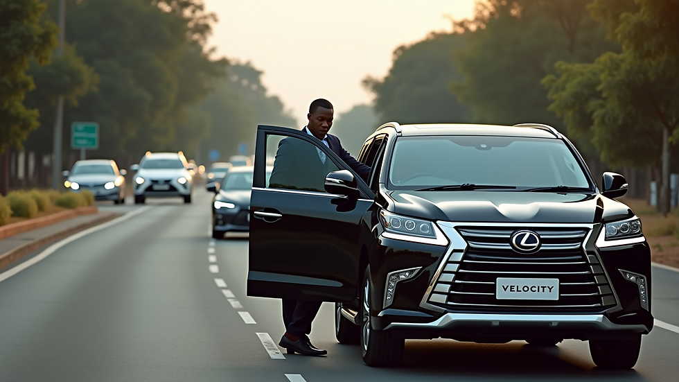High angle view of a chauffeur opening a car door for a passenger