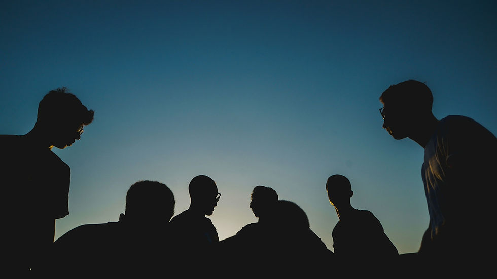 Silhouette of several individuals standing together in front of a dusk sky