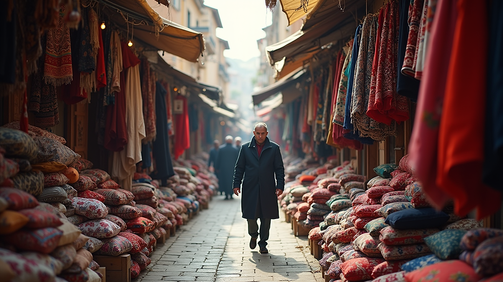 High angle view of a bustling Afghan market with colorful textiles