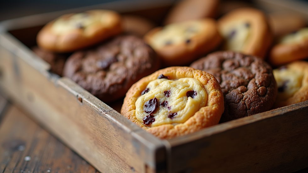 Eye-level view of a rustic wooden box filled with assorted gourmet cookies