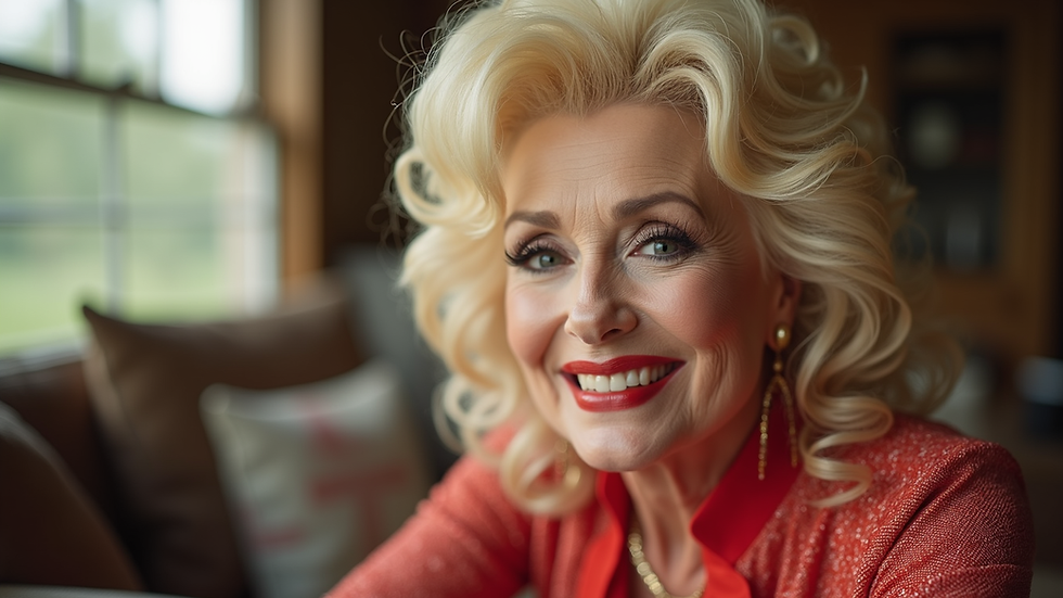 Eye-level view of Dolly Parton smiling with her iconic big hair