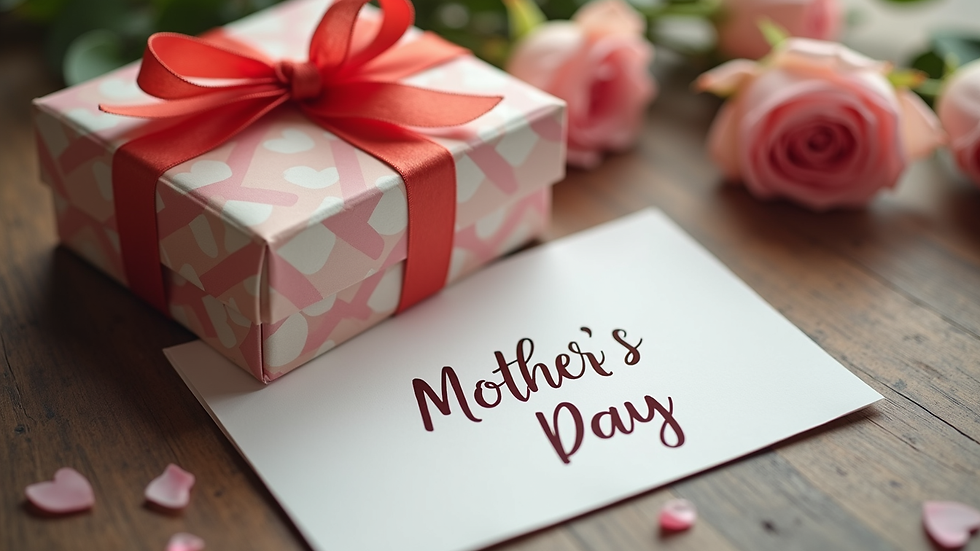High angle view of a handwritten Mother’s Day card next to a gift box