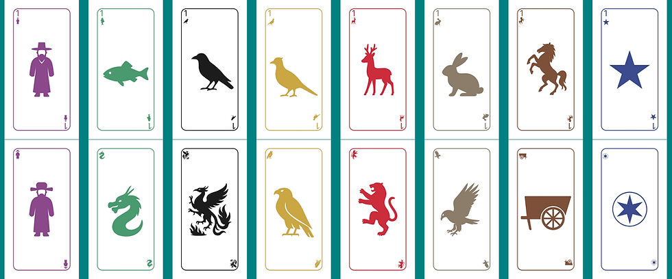 Man/King; Fish/Dragon; Crow/Phoenix; Pheasant/Falcon;  Roe-Deer/Lion; Rabbit/Eagle; Horse/Wagon; Star/North Star