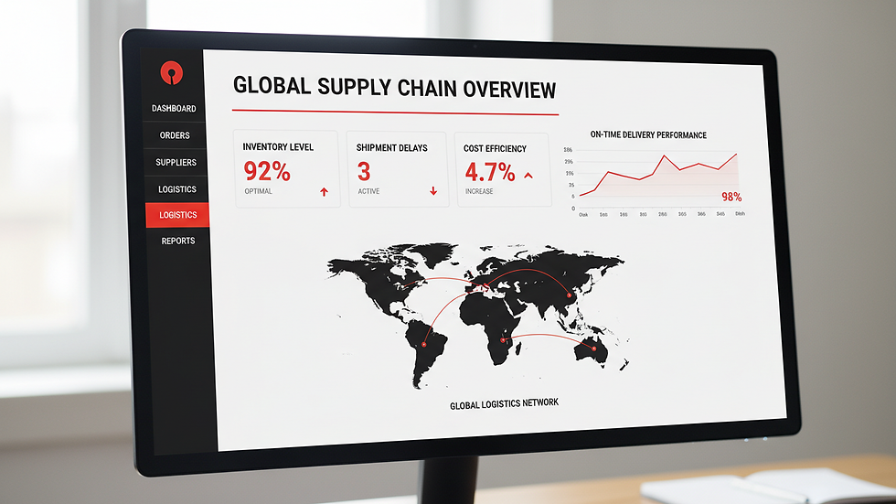 Close-up view of a computer screen showing supply chain analytics dashboard