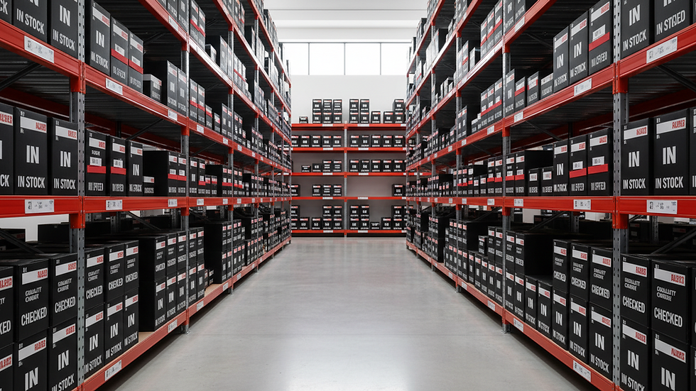 Eye-level view of warehouse shelves with organized inventory