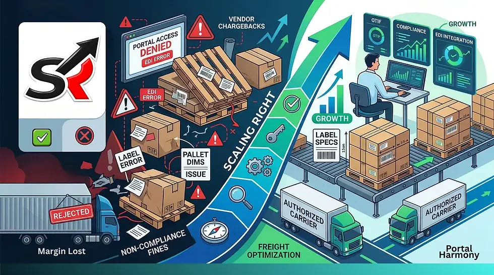 cartoon-image-showing-fulfillment-chaos-turned-intostreamlined-workflow-showing-broken-pallets-to-clean-stacked-pallets
