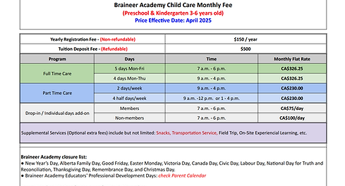 full-time daycare fees at Braineer Academy Brentwood